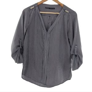 Zara Basic Navy Stripe Long Sleeve Blouse Sz Medium Hi/Low Hem rolled up Sleeves